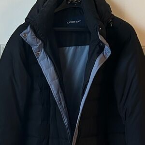 Lands' End women’s down Black Puffer Jacket with grey blue interior lining